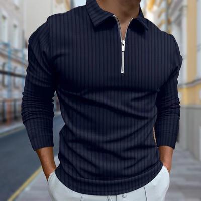 Polo Shirts Men Long Sleeve Fine Lines Print New Men's Polo Shirt Long Sleeve Zipper T-shirt Top