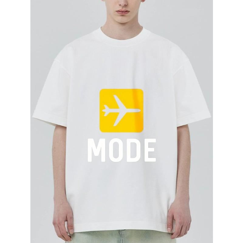 Crewneck T Shirt Black Airplane Icon and Mode Text Travel Fashion Casual Wear