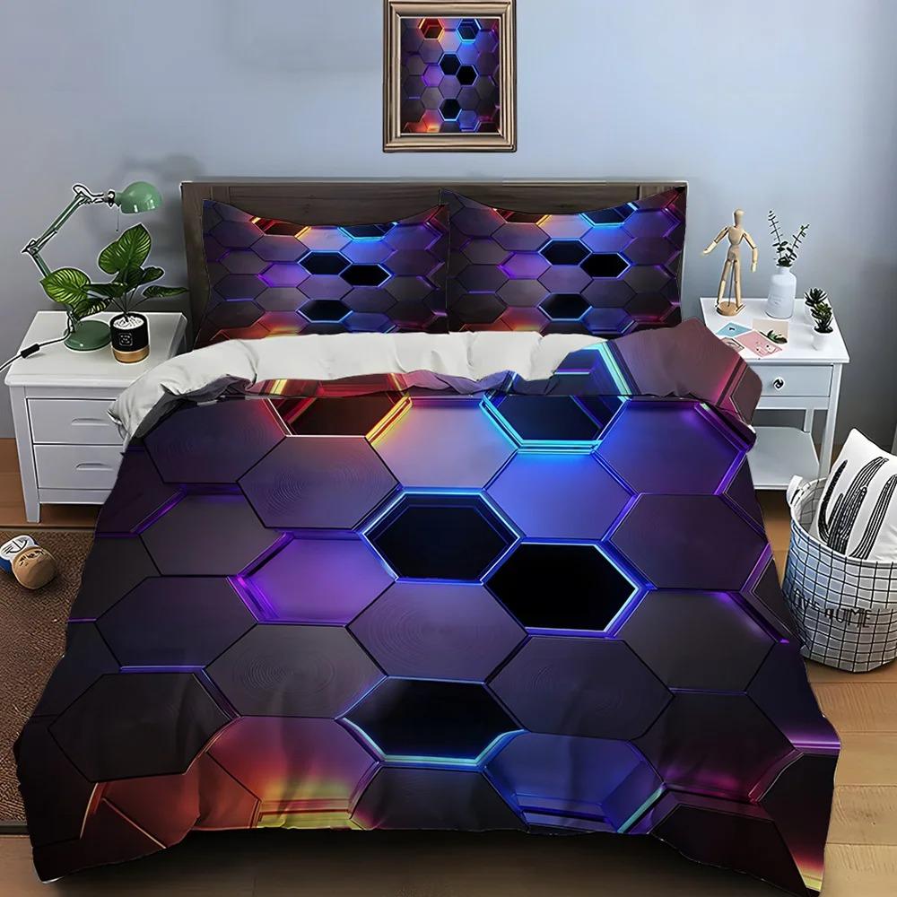 3D Honeycomb Square Gradient Color Print Bedding Set Duvet Cover 1 Duvet Cover 2 Pillowcases Adult and Boys Bedding Set Luxury
