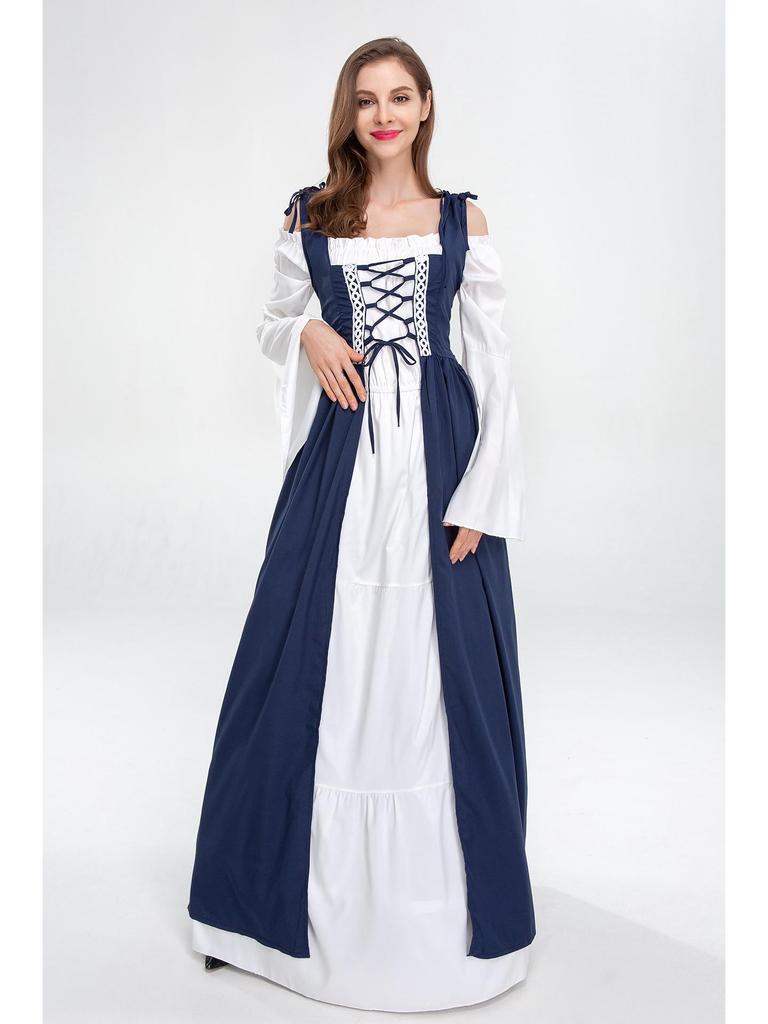 European and American Vintage Medieval Renaissance Square Neck Lace-Up Corset Halloween Costume Dress