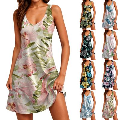 Women's Sleeveless V Neck Casual Hawaiian Print Dress with Pockets Summer Vacation Beachwear Relaxed Fit Mini Dress