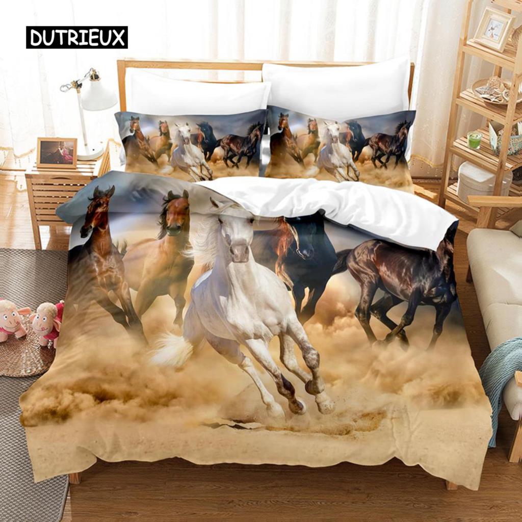 Polyester Comfortable White Horse Pattern Duvet Cover Set With Duvet Cover And Pillowcases King Queen Twin Sizes For All Ages