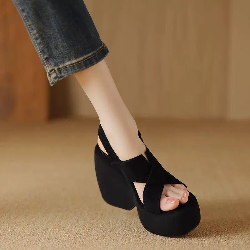 Fashion 2025 Summer Black Platform Sandals Nubuck Real Leather Shoes Woman Increasing Height High Heels Clogs Wedge Espadrilles Genuine