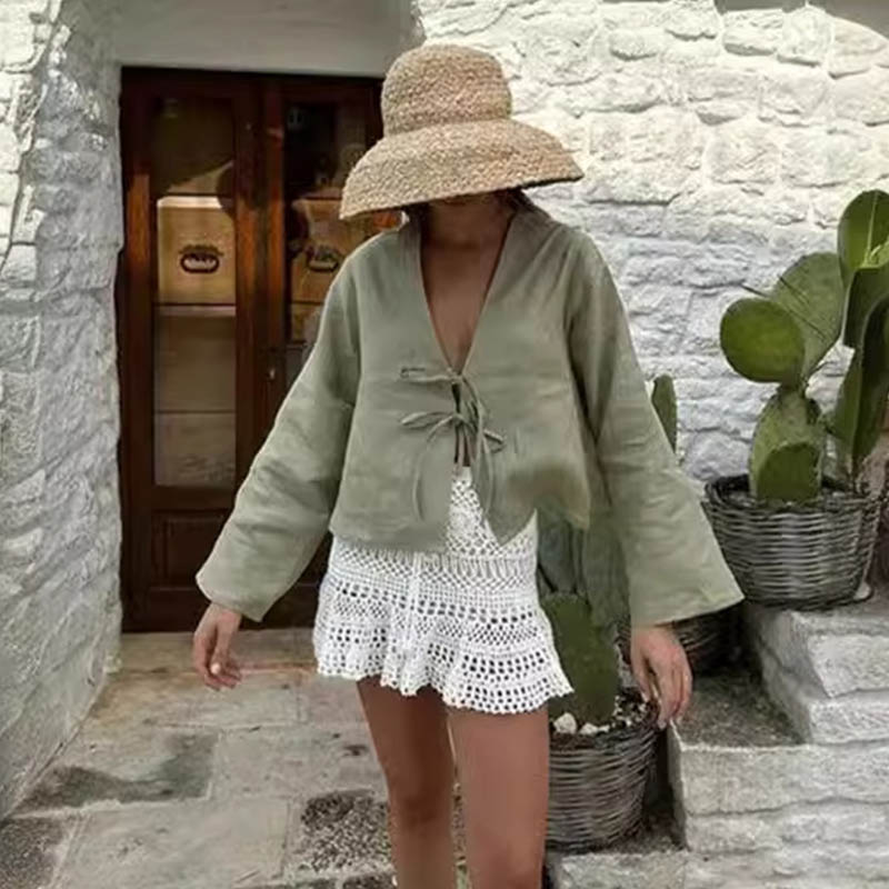 2025 Sommer Hvite Snøreskjorter for Kvinner Elegant Løs Langermet V-hals Bluse Dame Ensfarget Casual Street Chic dame Topper