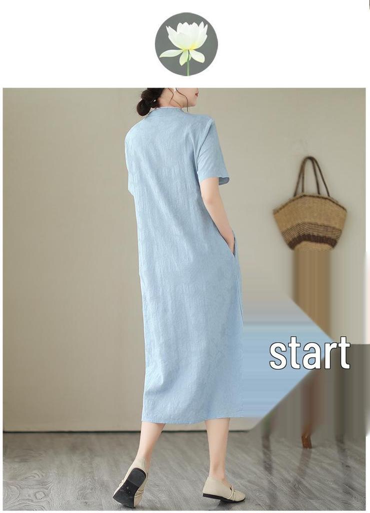Elegant Cotton Linen Qipao Dress - Women's Stand Collar Short Sleeve, Summer 2024 Collection