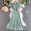 Rochie Lungă Elegantă S5 Primăvară/Vară cu Imprimeu Floral Francez, Decolteu Rotund, cu Nasturi