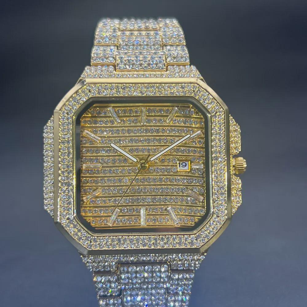 Watch For Men Luxury Gold Square Men's Wristwatch Alloy Strap Full Diamond Business Quartz Watch For Man Clock Gifts
