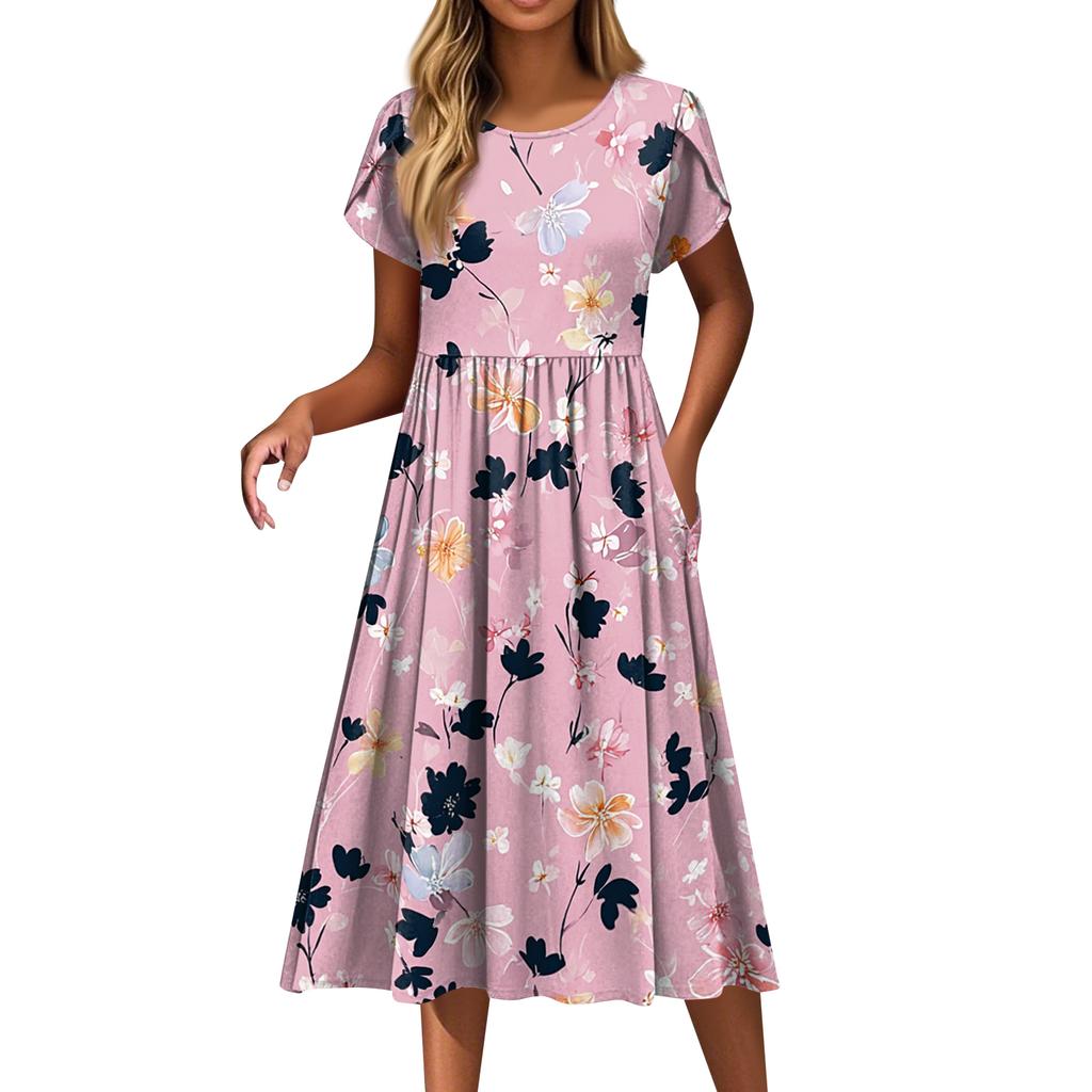 Women's Fashion Casual Loose Floral Print Round Neck Pocket Short Sleeve Dress