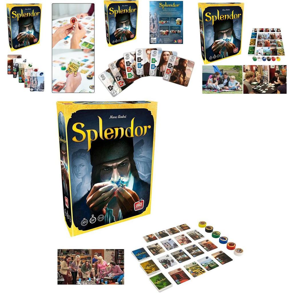 Splendor bordspel, volledige Engelse versie, doos voor thuisfeestjes met verzamelkaarten.
