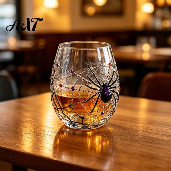 Halloween Party Glassware Ghost Whiskey Glass, Black Cat Spider Net Skull Tumbler for Decorative Kitchen Cocktail, 350ml Spooky Drinkware Home