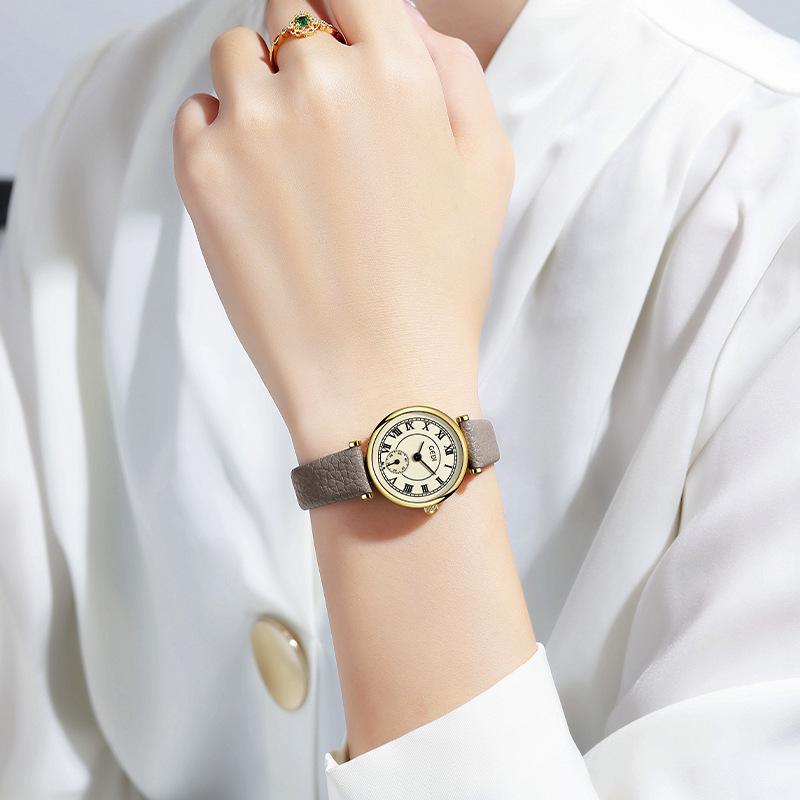 Simple Retro Student Watch High-End Small Seconds Quartz Watch Women'S Niche Lychee Pattern Belt Watch