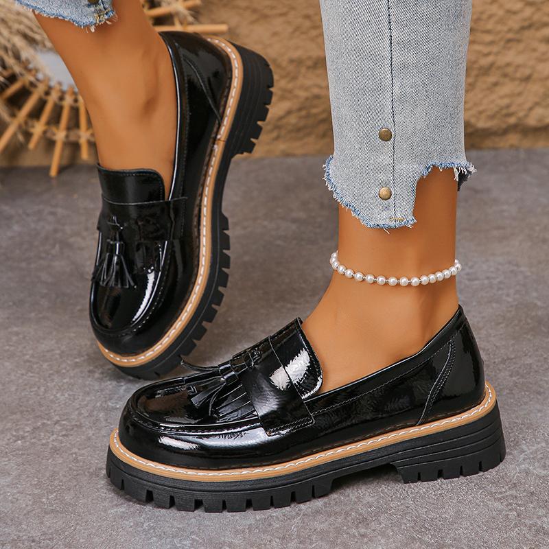 Tassels Bright Black Chunky Platform Loafers Women British Style Patent Leather Thick Sole Pumps Plus Size Uniform Lolita Shoes