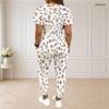 Women Plus Size White Printed Round Neck Short Sleeve Top Drawstring Cuffed Pants Two Piece Set With Pockets