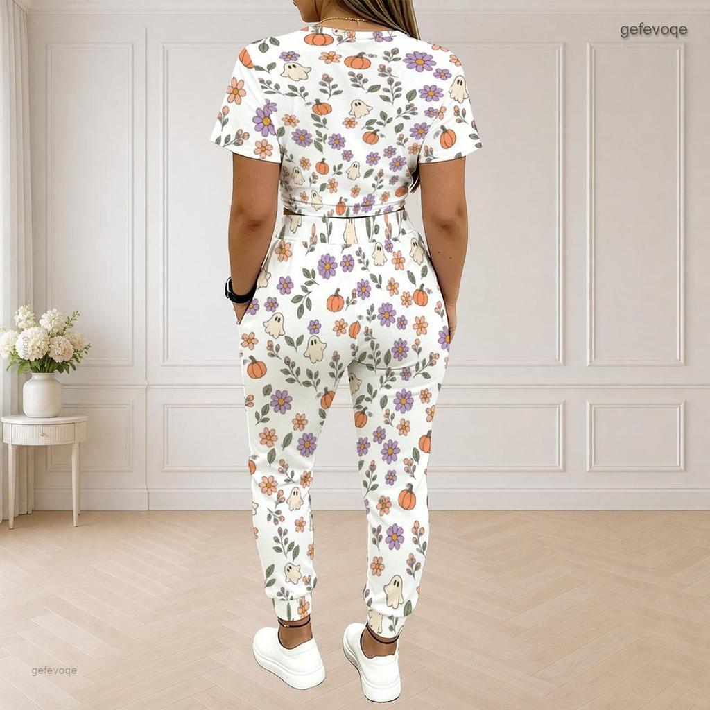 Women Plus Size White Printed Round Neck Short Sleeve Top Drawstring Cuffed Pants Two Piece Set With Pockets
