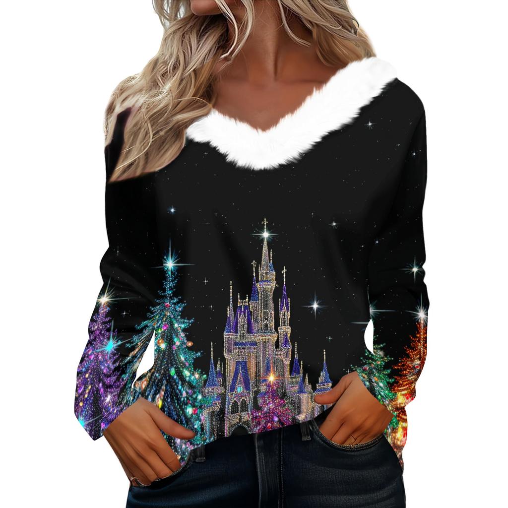 Langermede skjorter for kvinner Søte topper juletrykk T-skjorter Bluser Uformell Pluss størrelse Basic Topper Pullover