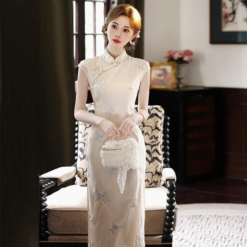 Womens Sleeveless Chinese-style Long Cheongsam Dress With Embroidery 2026 Lightweight Stretch Cotton-Blend Retro Elegant