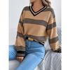 V-neck Contrasting Color Striped Lantern Long-sleeved Pullover Sweater for Women In Autumn and Winter