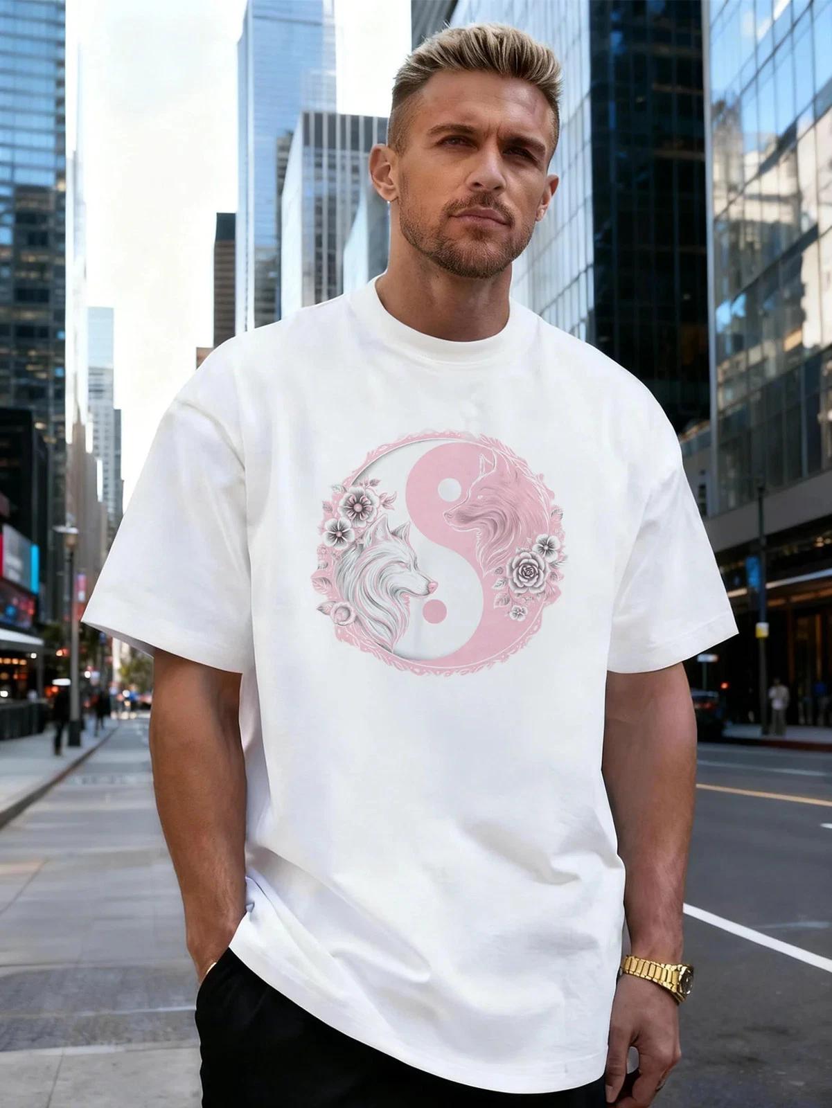 Yin Yang Wolf Floral Graphic 100% Cotton Men s T-Shirt, for Daily Streetwear S