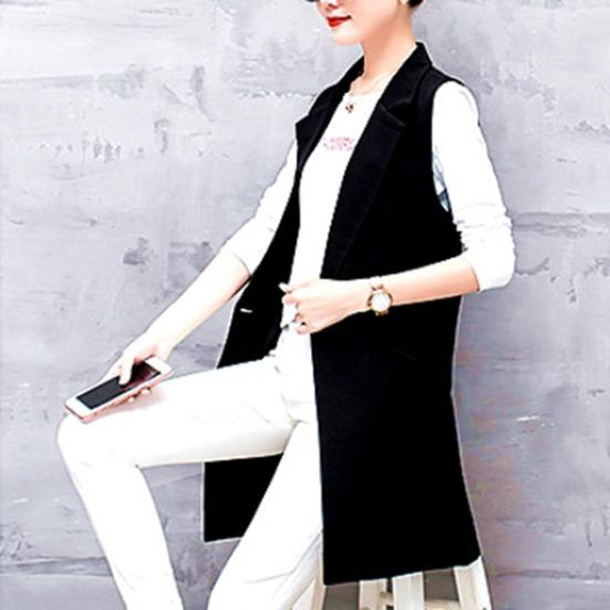 Women Long Suit Coat Sleeveless Mid Length Single Button Sleeveless Thin Pocket Cardigan Lapel Formal OL Commute Style Lady Jacket