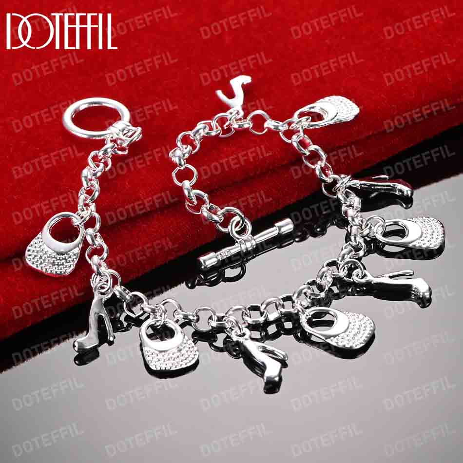 925 Sterling Silver High Heel Bag Pendant Bracelet Fashionable Wedding Jewelry