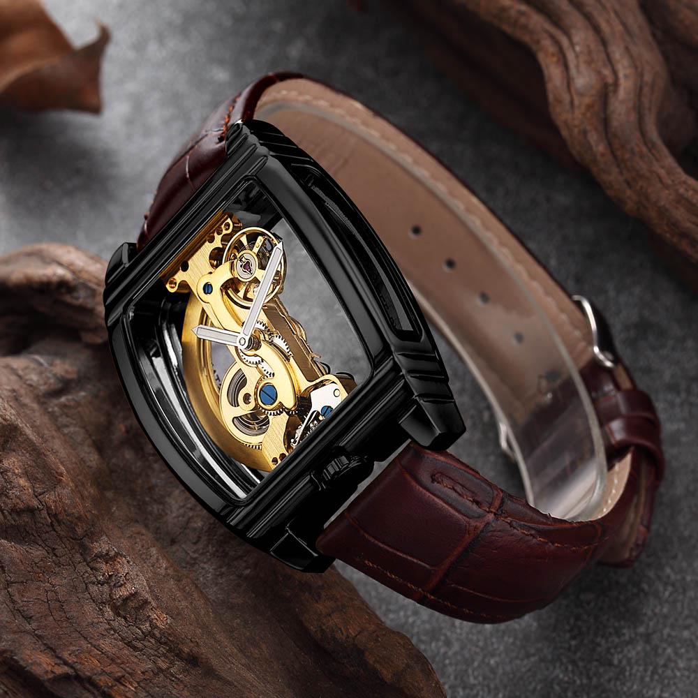 Reloj Mecánico Automático Transparente Hombre Steampunk Esqueleto Engranaje de Lujo Cuerda Automática Cuero Relojes de Hombre Montre Homme