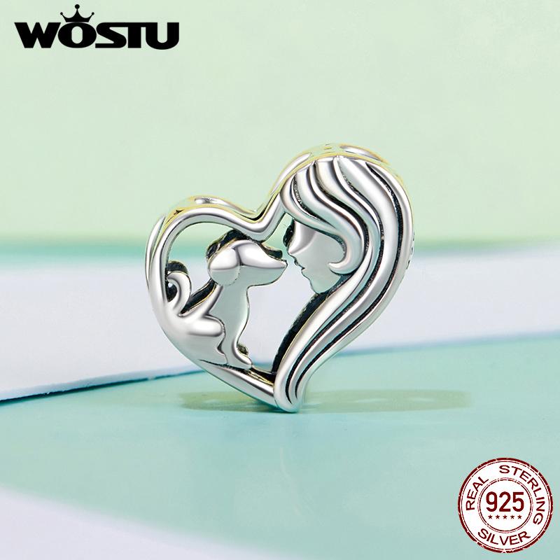 WOSTU 925 Sterling Silver Hollow Cat Dog Charms Bead Cute Pet Paw Dachshund Pendant Fit Original Bracelet Neckalce DIY Girl Gift