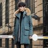 Medium and Long Down Jacket Men's Loose Hooded Big Fur Collar Trend Korean Version Handsome Green