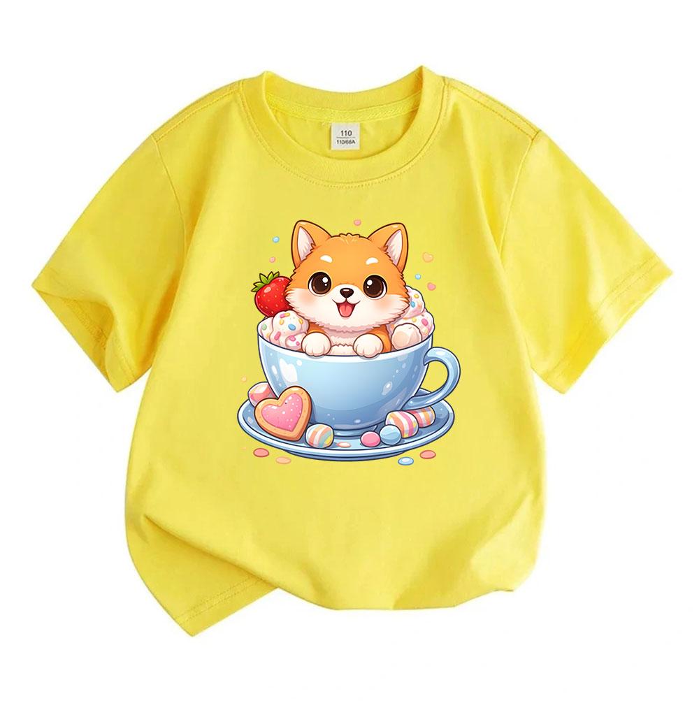 Kids Boys Girls 100% Cotton Crew Neck Short Sleeve T-Shirt Cute Cartoon Shiba Inu in Teacup Sweet Dessert Print Casual Soft Summer Tees for Children
