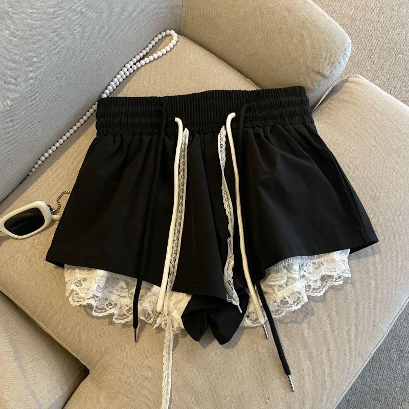 Damen Sommer Schwarze High-Waist Weitbeinige Hose mit Spitzenpatchwork und Tunnelzug Elastischer Bund.