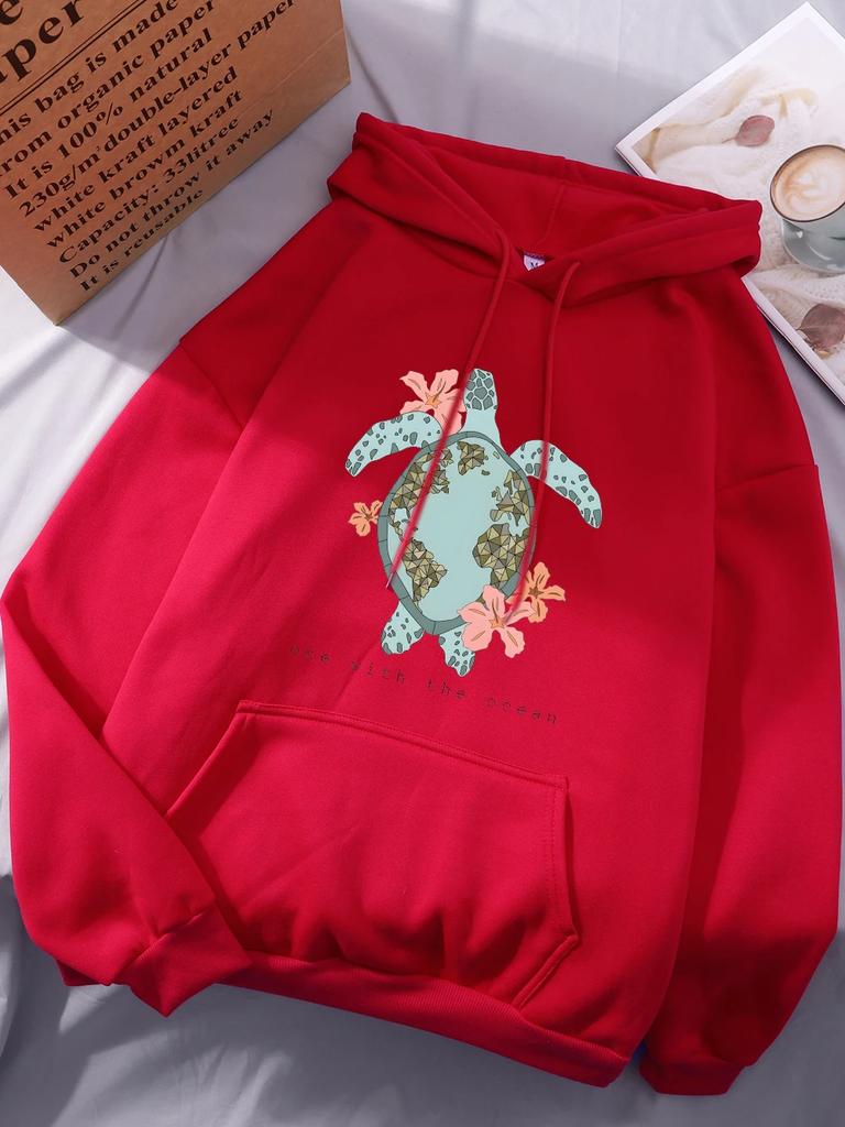 Meeresschildkröte Cartoon Druck Hoodie 2025 Damen Bequeme Sweatshirts Herbst Winter Fleece Oberteile Basics Lässige Damenbekleidung