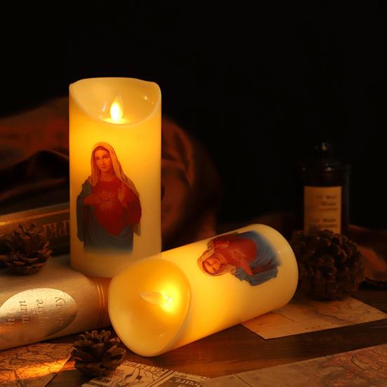 LED Christmas Candle Lights Flameless Flickering Prayer Lamp Religious Figure Design Lights for Home Altar Church Decor