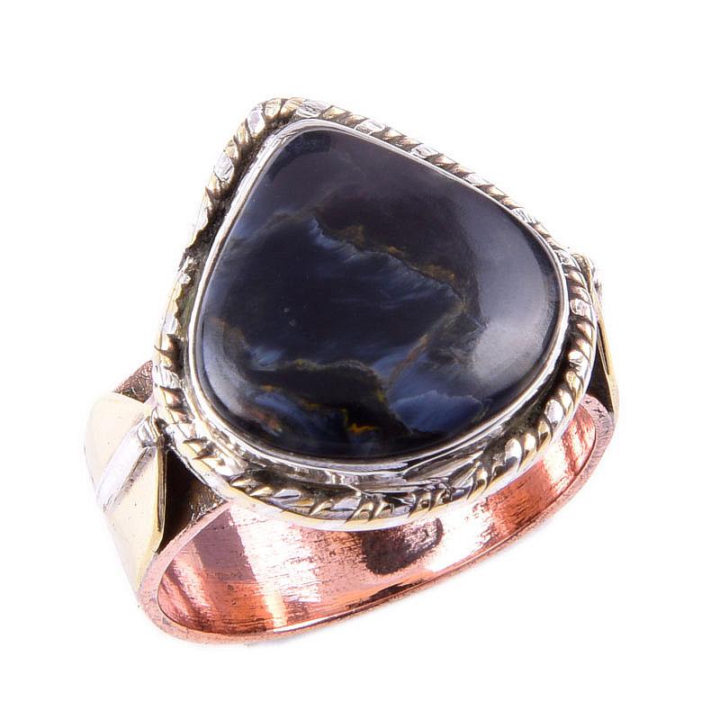 Natural Pietersite Gemstone 925 Solid Silver Jewelry Two Tone Ring S.7.5US i7R82