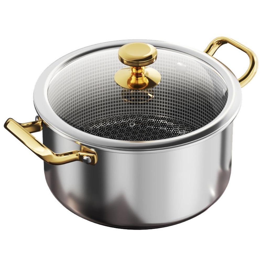 Honeycomb Bottom Non-stick Pot with Glass Lid Slow Cooker Stainless Steel Soup Pot Dormitory