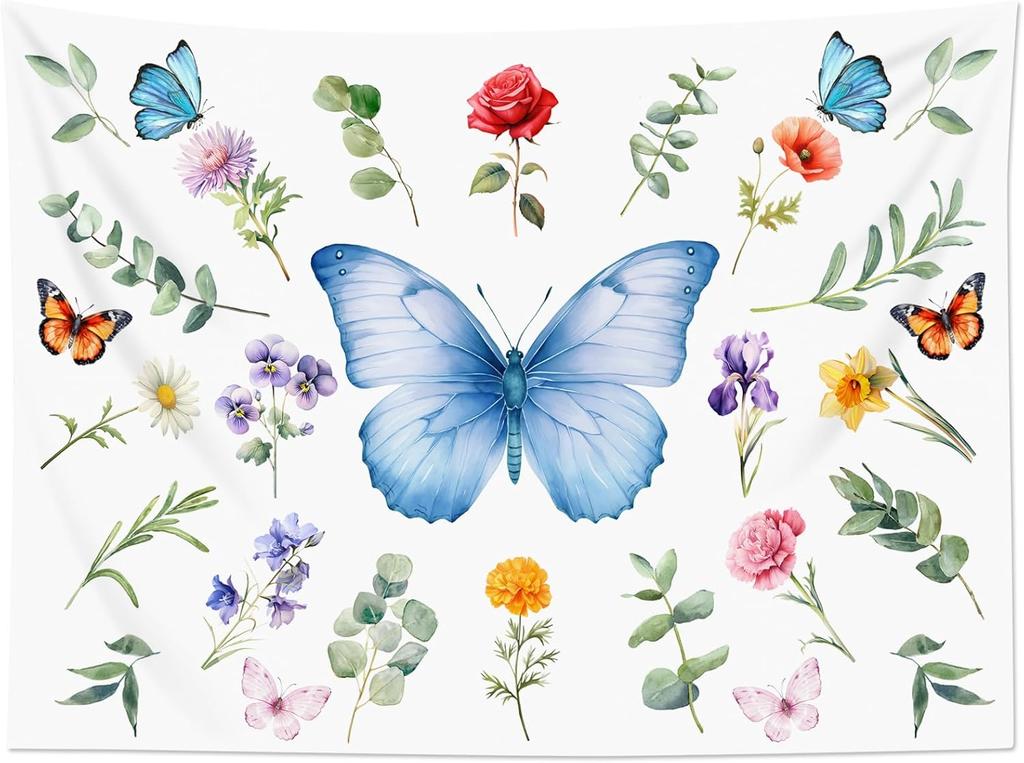 Butterfly Plant Tapestry for Bedroom, Girly Floral Blue Wall Tapestry, Leaf and Flower Botanical Tapestries Wall Hanging for