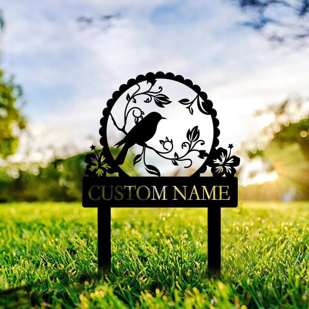 Metal Bird Memorial Garden Stake, Personalized Pet Grave Marker with Flowers for Yard