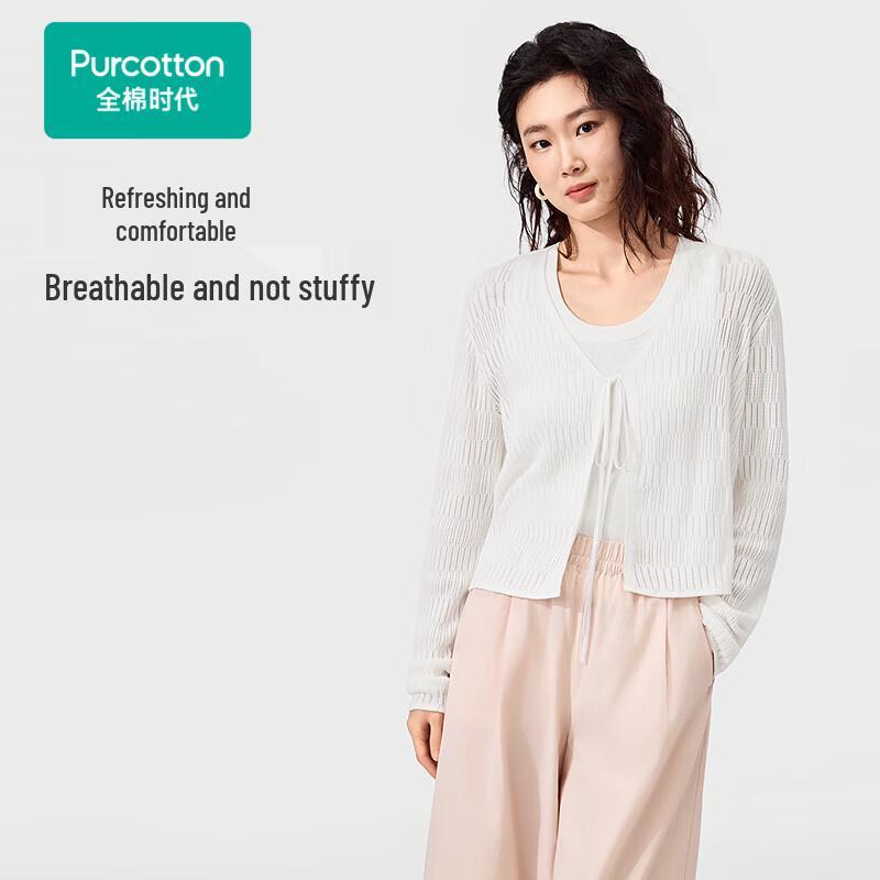 PurCotton Women s V-Neck Tie-Waist Hollow-Out Knit Cardigan 2XL