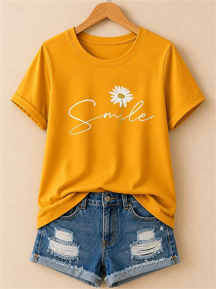 New Women Casual and Fashionable Short-Sleeve T-Shirt Simple Floral Print Round Neck Comfortable and Breathable Short-Sleeve Top