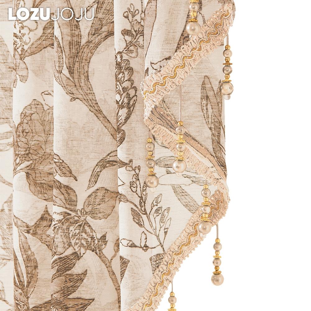 1 pieza LOZUJOJU Retro de alta gama con borde de encaje de cuentas, cabezal de cortina transparente estampada para decoración de ventanas de cocina, dormitorio, sala de estar