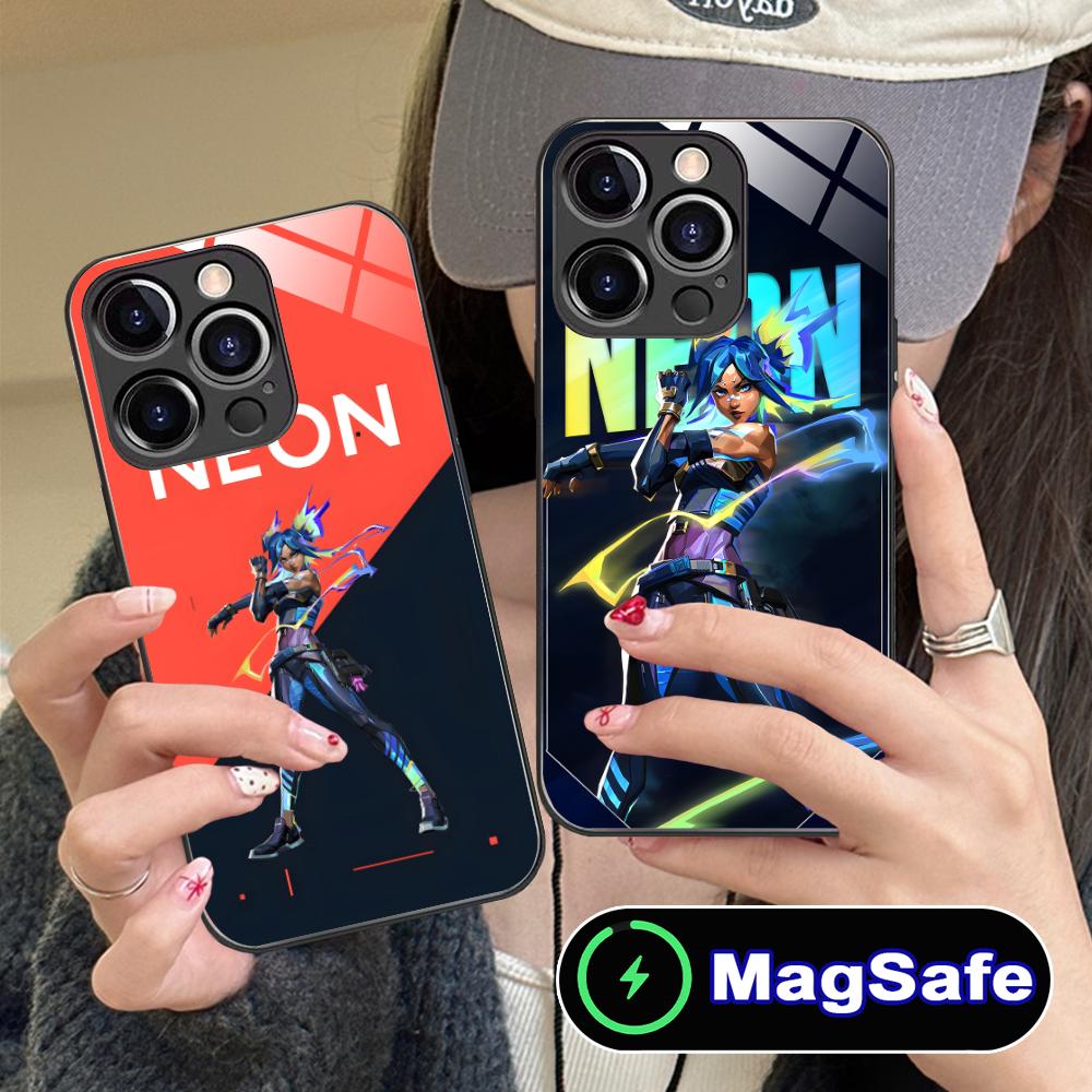 Valorant Neon Mobile Phone Case for iPhone 16 15 14 13 12 11 Pro Max Plus Mini MagSafe Glass Colour Protective Luxury Smartphone