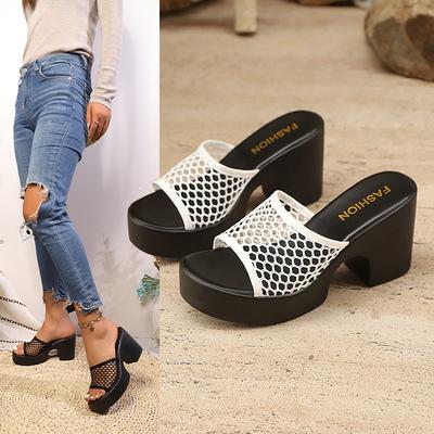 Personalisierte ausgehöhlte Mesh-Sandalen mit runder Spitze, Sommer, hohe Absätze, modisch, schulterfrei