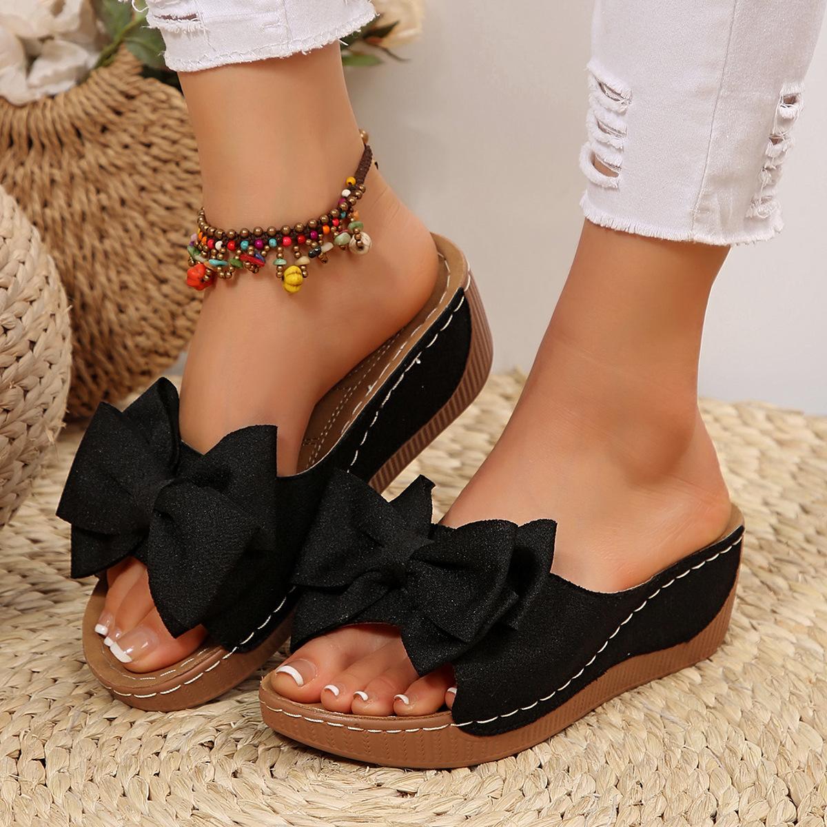 

2025 summer new fashion bow flat sandals large size outer wear women s vacation beach sandals women 43 чёрный