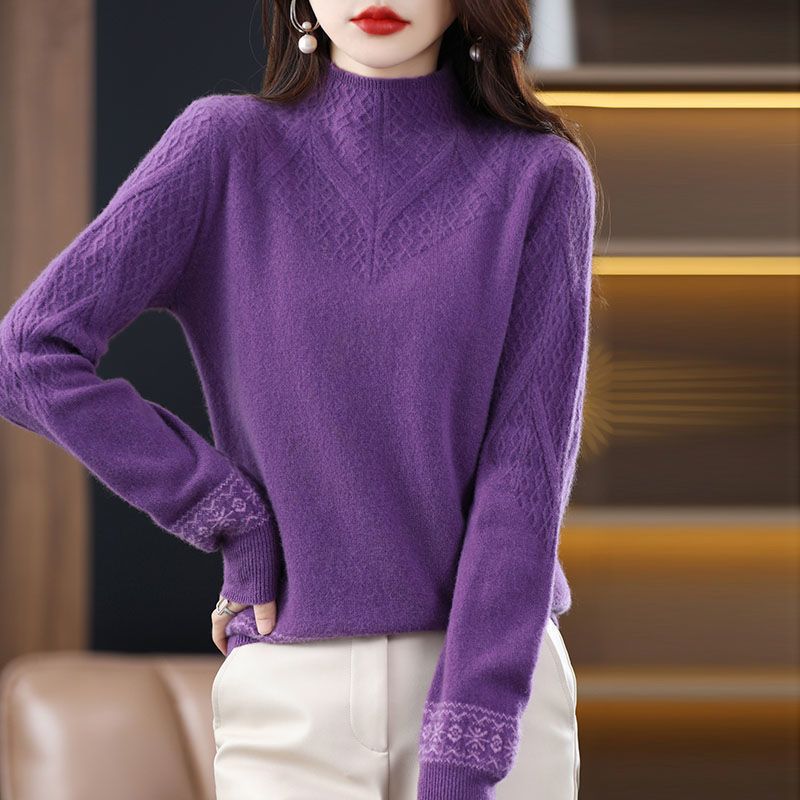 Winter Thick Jacquard Semi High Neck Knitted Sweater Women's Fashionable Loose Base Sweater