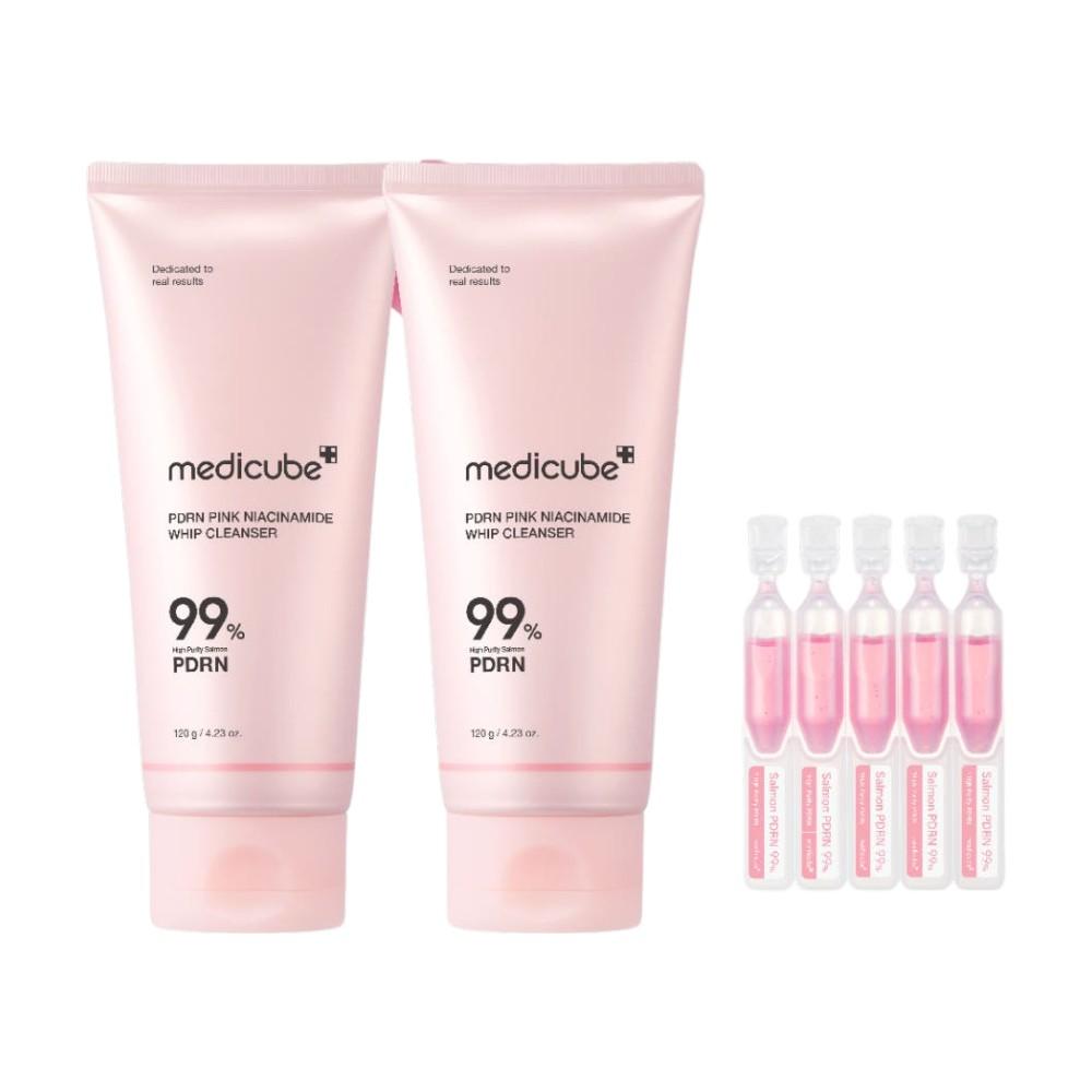 Medicube PDRN Pink Whip Cleansing Foam, Deep Pore Cleansing & Radiance Care, 120ml (2-Pack + 5 Bonus Serum Masks)