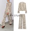 Round Neck Long Sleeves Animal Pattern Print Shirt 3716826 Mid-Waist Straight Translucent Pants 3660828
