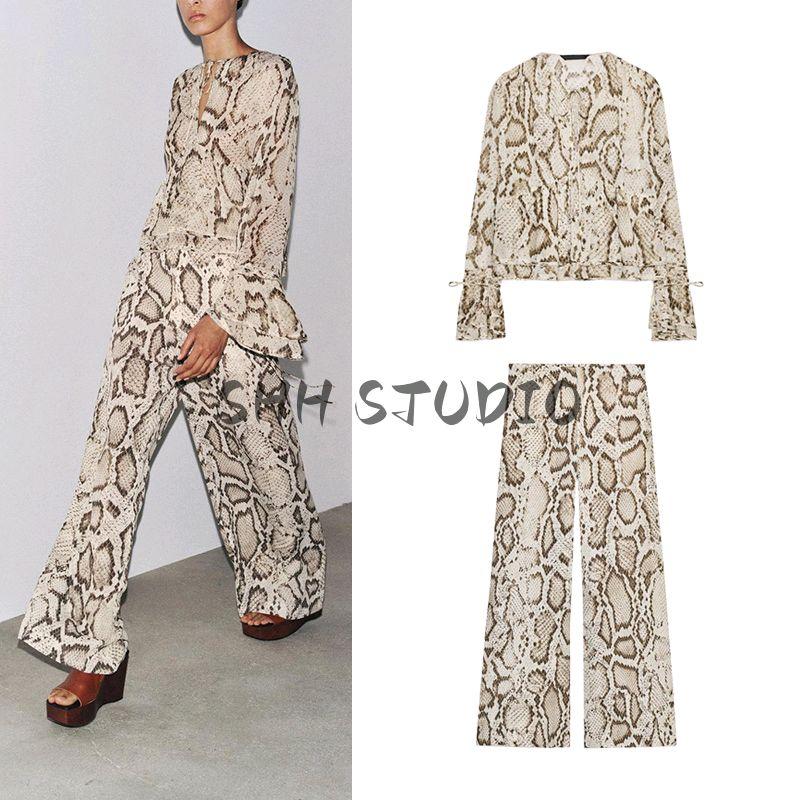 Round Neck Long Sleeves Animal Pattern Print Shirt 3716826 Mid-Waist Straight Translucent Pants 3660828