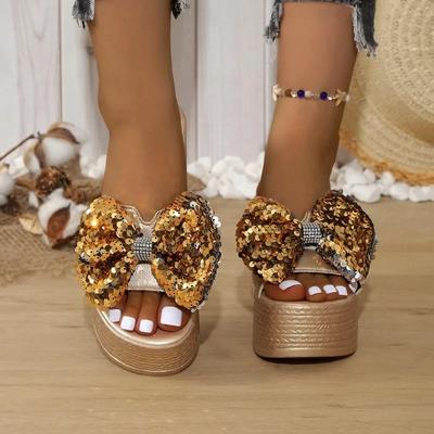 Scarpe da donna alla moda 2024 Sandali da donna taglie forti Pantofole da abito con nodo a farfalla con paillettes alla moda Pantofole con zeppa con punta aperta da donna