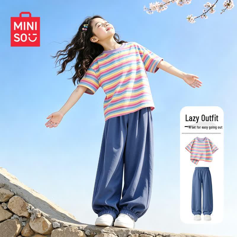 MINISO Girls' Summer Casual T-Shirt & Anti-Mosquito Pants Set