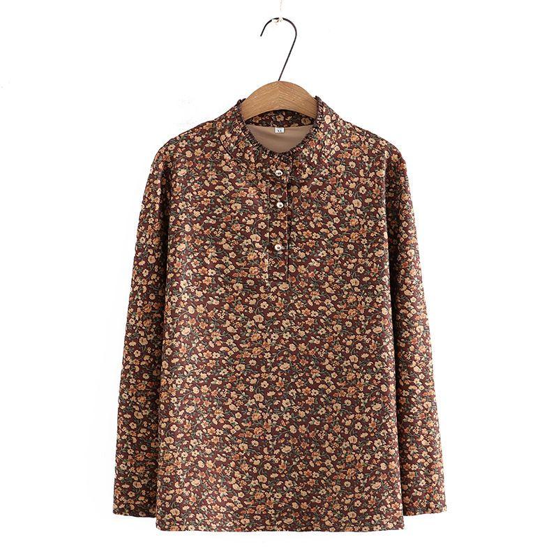 Autumn Bottoming Shirt T-shirt Women's Plus Size Loose Belly Covering Western Style Lace Collar Printed Long-sleeved Top