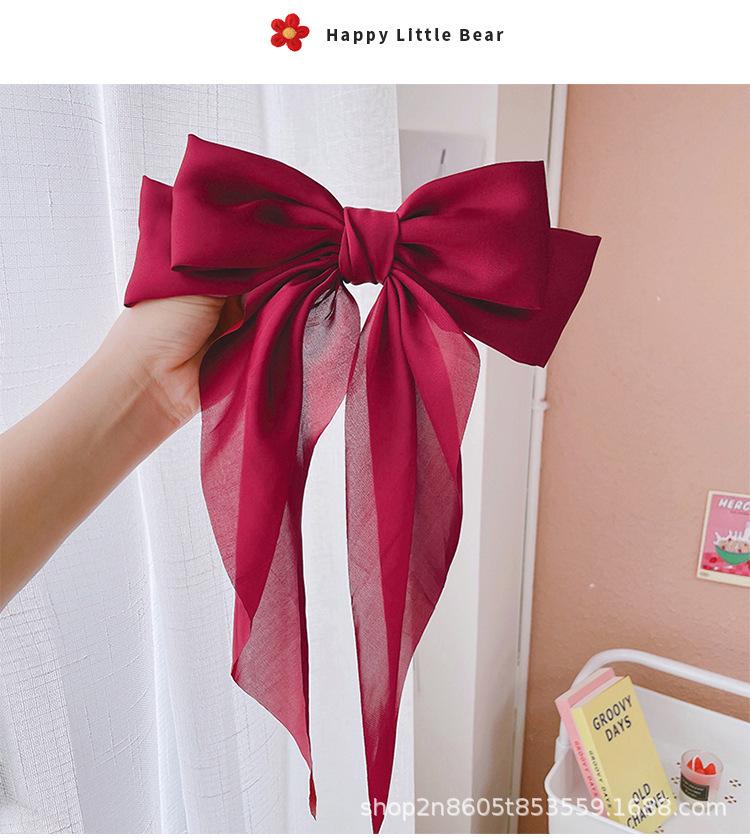 Large Retro Wine Red Bow Hair Clip with Flowing Ribbon - Japanese Style Student Accessory
