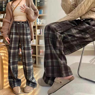 2024 Plaid Maternity Wool Pants, Plus Velvet, Extended-Length, Casual Wide-Leg, Perfect for Spring and Autumn